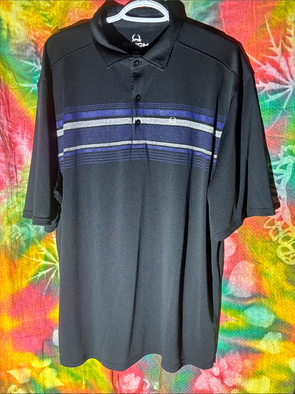 Cinch Black Polo with Blue and Gray Chest Stripes